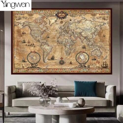 5D Diy Old Nautical World Map Retro Diamond Painting Picture Mosaic Cross Stitch Kits Art Landscape Home Decoration Wall Sticker