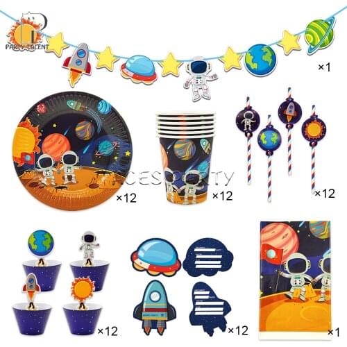 74Pcs for 12kids Boys Astronaut Solar Space theme birthday party supplies tableware set, plate glass straw banner tablecloth etc