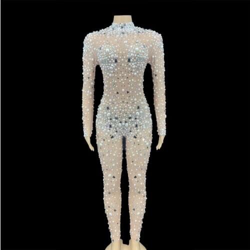 Sparkly Silver Mirror Rhinestone Pearl Transparent Jumpsuit Birthday Celebrate Net Yarn Outfit Women Dancer Wear