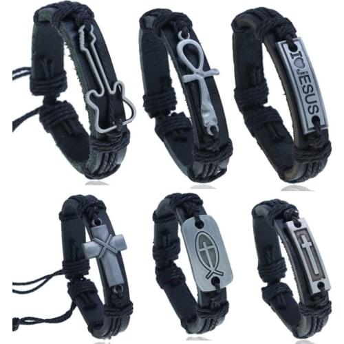 Fashion Punk Men Black Genuine Leather Charm Bracelet Wrap Jesus Cross Guitar Lion Bangle Wristband Women Vintage Casual Jewelry