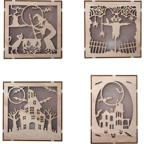 Halloween Wooden Wall Hanging Ornament LED Lights Halloween Decorations For Home Halloween Party Supplies Hanging Art