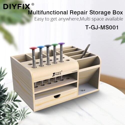 DIYFIX Multifunctional Wooden Storage Box Mobile Phone Repair Desktop Storage Screwdriver Tweezer Magnetic Holder Parts Box Tool