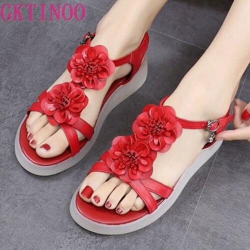 GKTINOO 2020 Summer New Flat Sandals Non-slip Soft Bottom Large Size Sandals Fashion Flowers Genuine Leather Shoes Women Sandals