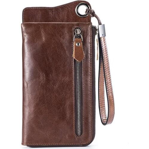 High Quality genuine Leather Unisex Man and Lady Long Zip Wallet and Purse Clutch bag Large Capacity Wristband Coin Pocket