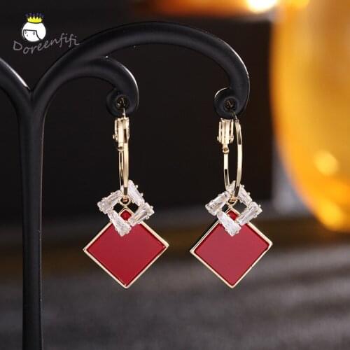 Fashion Earrings Charms Zircon Vintage Retro Red Black Box Drop Earrings 925 Sterling Silver Hook Earrings Dangle Women Jewelry