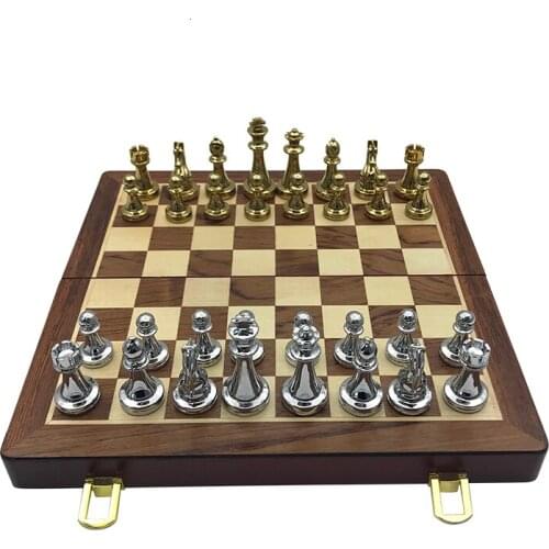 New Wooden Folding Chessboard Retro Metal Alloy Chess Pieces Chess Game Set High Quality Chessboard Gift Entertainment