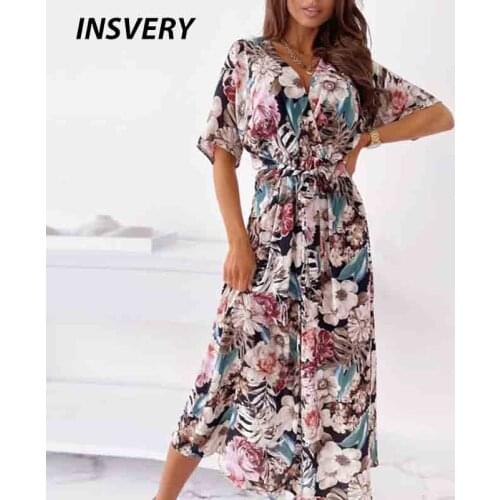 Spring Summer Floral Print Dress Women Lace Up Elastic Waist Slim Party Dress Boho V Neck Casual Short Sleeve Beach Long Dress