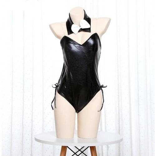 Sexy Womens Black Leather Suspender Lovely Bow Tie Accessories Teddy Crotch Tight Jumpsuit Bunny Rabbit Costume