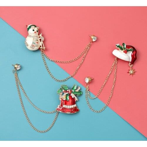 5 Styles Santas Scepter Crystal Santa Hat Sock Brooches with Chain Lapel Pin Snowman Bells Jewelry Happy New Year Gift for Kids