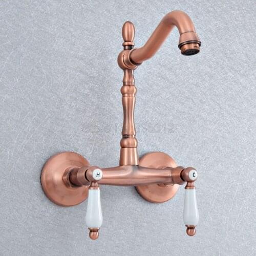 Kitchen Wet Bar Bathroom Vessel Sink Faucet Antique Red Copper Wall Mounted Swivel Spout Mixer Tap Dual Ceramic Lever tsf897