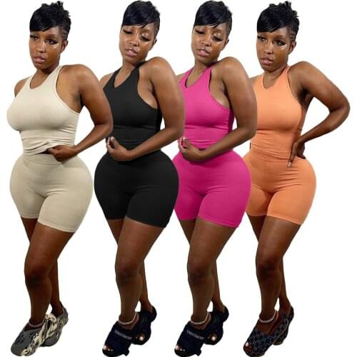 Sportswear Clothes Female Casual Solid 2 Piece Set Street O Neck Tank Crop Top Biker Shorts Set Sport Slim Set Tracksuit Outfits