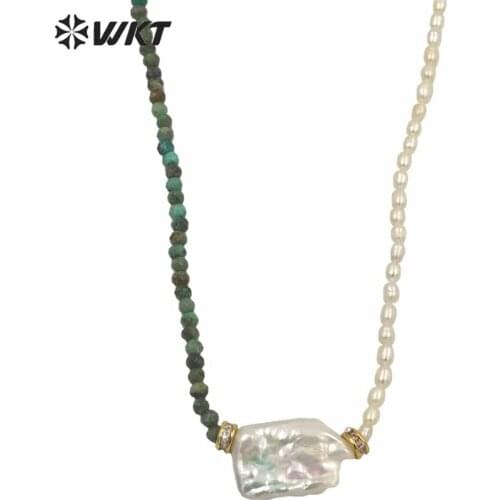 WT-JN132 Wholesale beautiful DIY Hand make 4mm pearl beads necklace women fashion square pearl and stone mix beads necklace