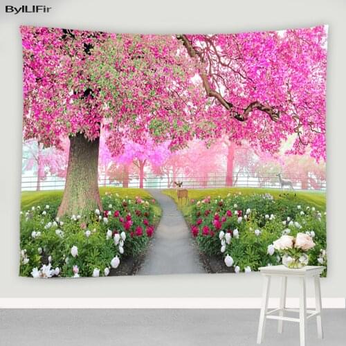 Natural Scenery Red Flower Tree Tapestry Trippy Forest Photography Background Living Room Wall Hanging Screen Hippie Tapestries