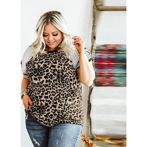 2021 Fashion Women Summer Blouse Plus Size 4XL 5XL Striped Short Sleeve Patchwork Leopard Blouse Big Size Ladies Tops