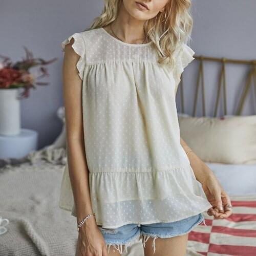 Fashion woman solid color stitching wool ball shirt T-shirt lotus leaf sleeveless round neck shirt loose chiffon casual clothing