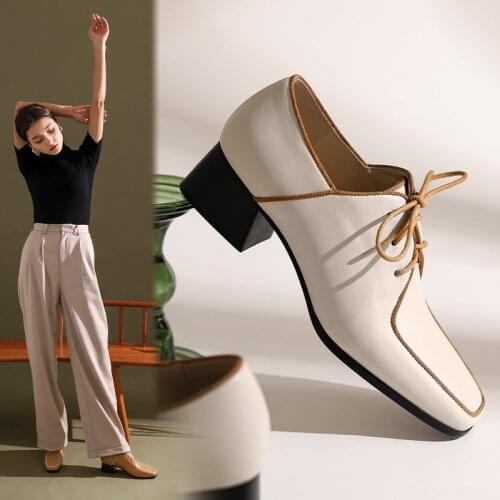 Genuine Leather New Casual Deep Mouth Slip-On Women Shoes Square Toe Thick Heel Fashion Spring/Autumn Flats Size 34-40 Handmade