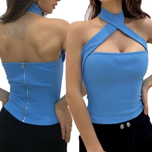 Women Summer Vest, Solid Color Cross Hanging-Neck Low-Cut Zipper Backless Tank Tops with Back Chains Decoration for Girls