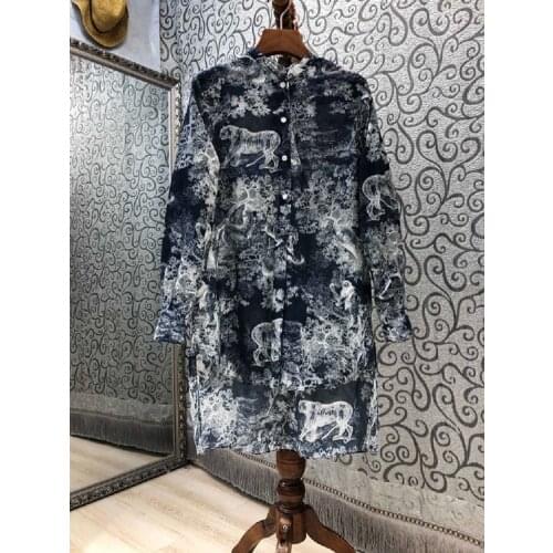 New 2021 Summer Fashion Long Shirt Dress High Quality Women Cute Animal Prints Long Sleeve Casual Loose Cotton Dress Button