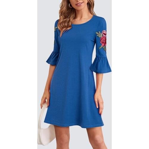Women Summer Casual Loose Round Neck 3/4 Flare Sleeve Floral Embroidery Straight Mini Dress 1HT019