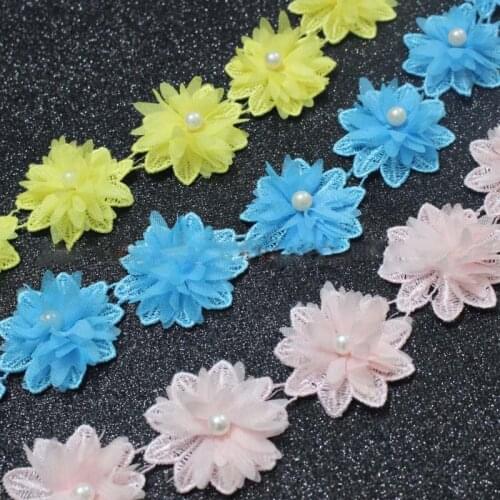 15Yards Flower 3D Chiffon 5cm Width Pearls Ribbon Embroidered Fabric Lace Trim Children Lady Garment Accessories
