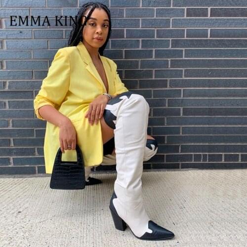 2020 Western Block Heeled Women Knee High Boots Sexy Pointed Toe CowGirl Long Hoof Heels Boots Ladies Autumn Winter Heeled Shoes