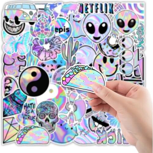50PCS Cartoon Holographic Laser Style Stickers Skateboard Laptop Guitar Scrapbooking PVC Toy Kids Decals Graffiti Sticker F3
