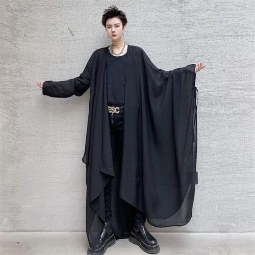 2021 Spring Summer Black Mesh Asymmetrical Long Shirt Fashion Cloak Men Women Korean Style Casual Oversize Blouse Cape