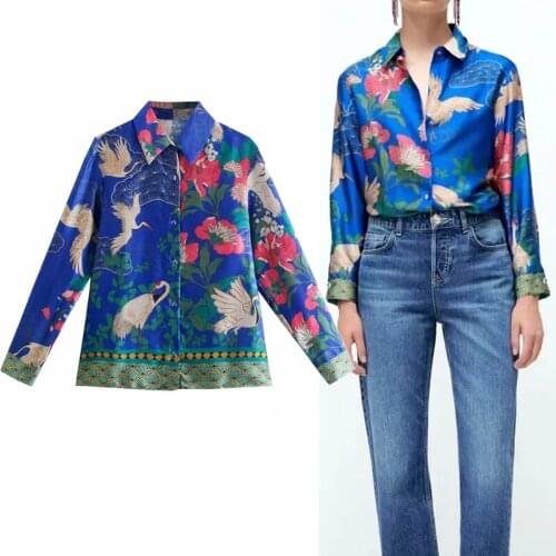 TRAF Za 2021 Blouses Women Casual Button Up Blue Floral Blouse Woman Korean Style Long Sleeve Top Female Autumn Collared Shirt