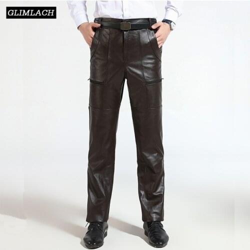 Brown Mens Luxury Cowskin Real Leather Trousers Plus Size Loose Genuine Leather Pants Man Zipper Cowhide Motorcycle Riding Pants