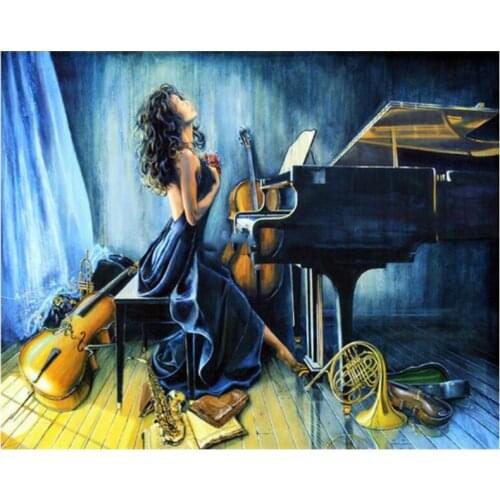 Diy Piano Diamond Oil Painting Kits Music Woman Mosaic Embroidery Picture Crystal Rhinestone Stickers Decal Wall Art Craft Gift