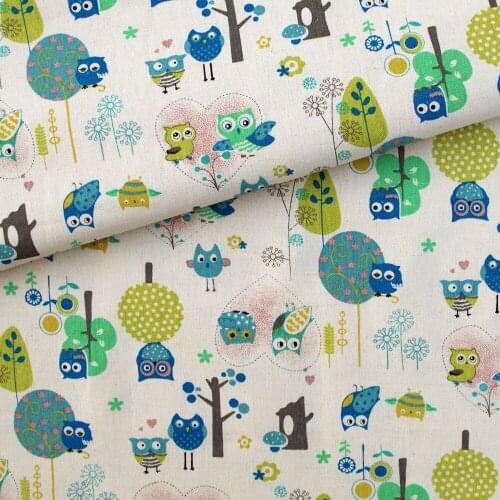 Cotton Linen Fabric for handmad, bed, bag, curtain Sewing - Owls, Leaf, Flowr, Tree,Heart (Blue) (LF018)