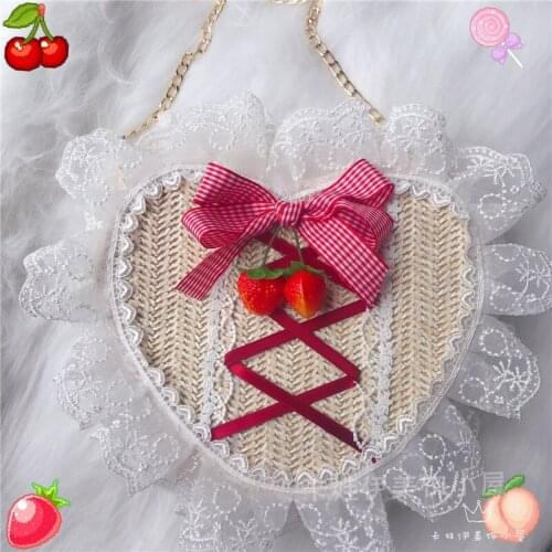 Kawaii Heart-Shaped JK Shoulder bag Lolita Japanese Style Sweet Princess Strawberry Lace Trim Bow Messenger Bags Cosplay