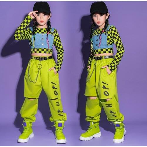 Hip Hop Girls Jazz Dance Costume Plaid Sweatshirt Denim Vest Overalls Hip Hop Pants Kids Street Dance Outfit Stage Wear BL5897