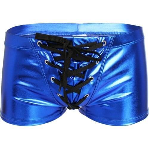 Mens Swimwear Swinsuit Glossy Elastic Waistband Underpants Undershorts Latex Patent Leather Drawstring Boxer Brief Underwear