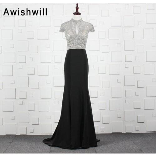 New Arrival Beaded Long Evening Dresses Black High Neck Cap Sleeves Mermaid Formal Dress Party Vestidos Elegantes