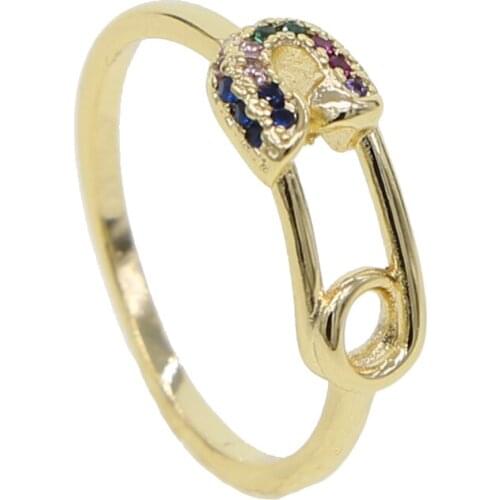 New arrived unique gold filled band nice jewelry rainbow CZ engegament classic safety pin rings for women girls ladies cheapest