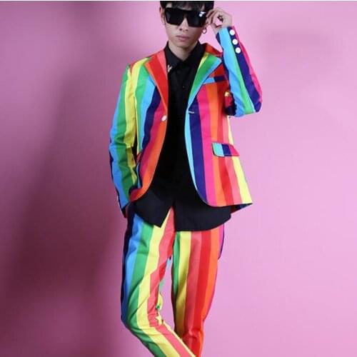 New Rainbow Vision 2 Pcs suit Set Men slim hair stylist night club male casual Blazer Stage performance costume