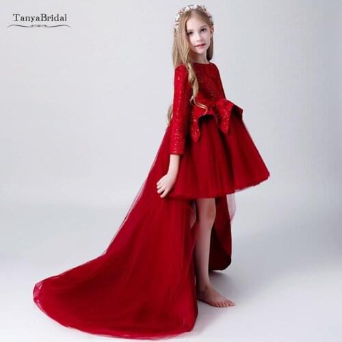 Long Sleeve Flower Girl Dresses For Toddlers Teens Kids Red Pageant Dresses Jewel Formal Birthday Party Communion Dress XF028