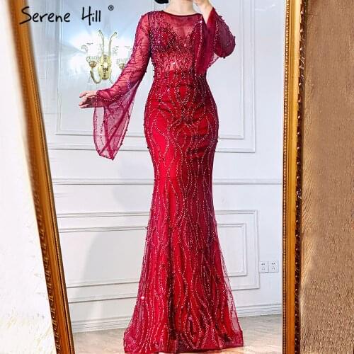 Burgundy Long Sleeves Luxury Evening Dresses Gowns 2021 Mermaid Beaded Elegant For Woman Wedding Party BLA71144 Serene Hill