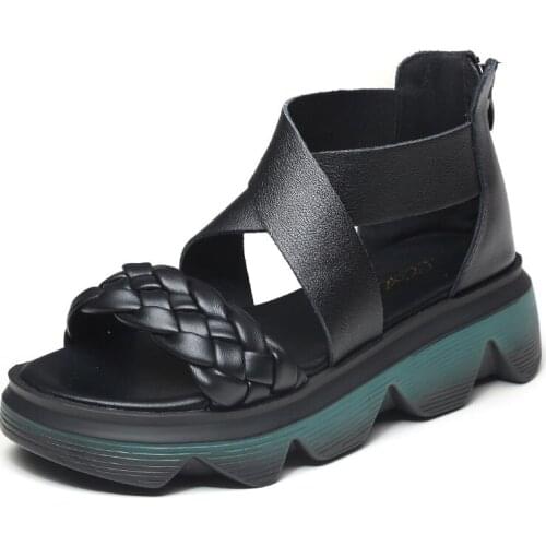 Handmade Women Wedges Sandals Ladies Open Toe Genuine Leather Footwear Back Zipper Casual Shoes Fashion Woman Platform Sandals
