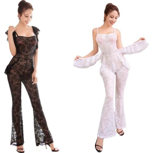 Sexy Women Sheer Floral Bodycon Jumpsuits Tight Bodysuit Flared Bell Bottoms Zip Back Playsuit Dance Wear