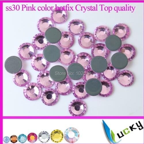 288pcs ss30 pink color stick on crystal flat back hotfix rhinestones DMC with grey strong glue Copy SW 2038 for motif