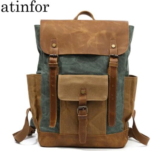 Waterproof Oil Wax Canvas with Crazy Horse Cow Leather Backpacks Vintage Unisex Travel Rucksacks 15" Laptop Daypacks