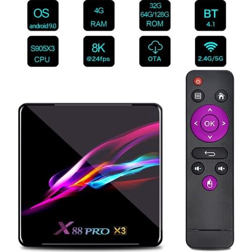 X88 Pro X3 Smart Android 9.0 TV Box S905X3 Cortex-A55 Quad Core 64 Bit 2.4G&5G WiFi H.265 VP9 Decoding Miracast HD Media Player
