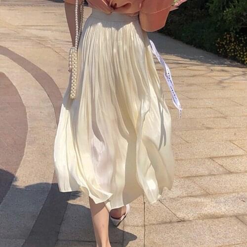 Women Summer Korean Style Pleated Skirts Office Lady Chic Elastic High Waist Elegant Vintage A-Line Long Metallic Satin Skirts