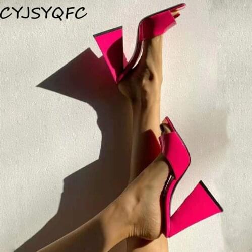 CYJSYQFC Women Slippers Sexy Color Pattern Peep Toe Lady Sandals Celebrity Fashion Mules Block High Heels Party Nightclub Slides