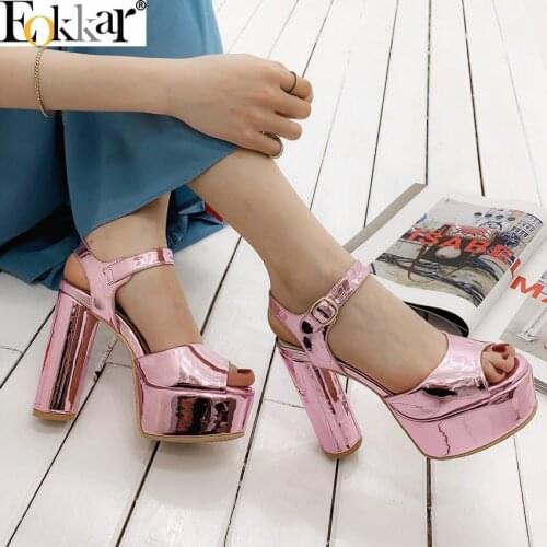Eokkar 2021 Ladies Square High Heel 12cm Pumps Peep Toe Chunky Heels Buckle Strap Platform Shoes For Women Gold Sexy Party Shoes