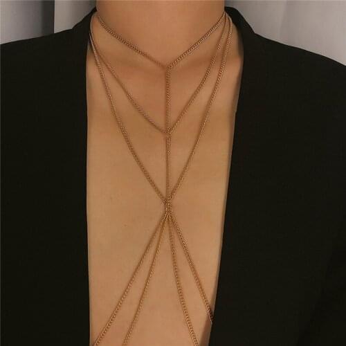 Womens Sexy Chain Bra Dress Harness Multi-storey Chain Necklace Waist Chain Fashion Harness Crossover Belly Jewelry Accessories