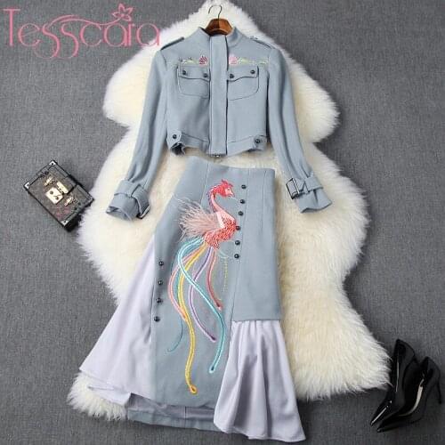 TESSCARA Women Runway Designer Luxury Embroidery Dress Suit Set High Quality Vintage Party Robe Jacket Cocktail Vestidos