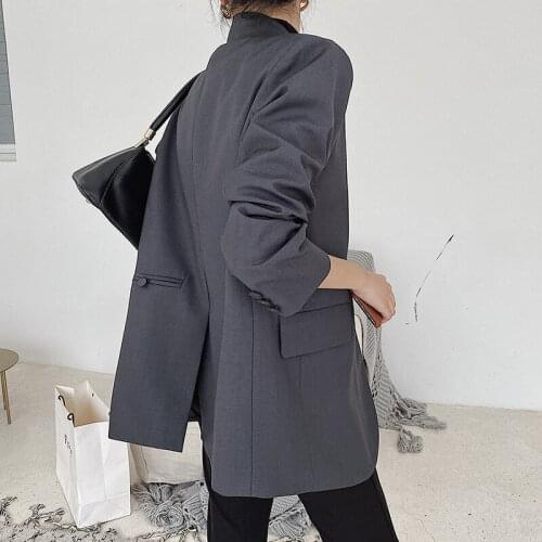 JA0039 Gray Female Suit Jacket 2021 New Casual Fashion Notched Double-breasted Loose Solid Blazer With Pockets пиджак женский